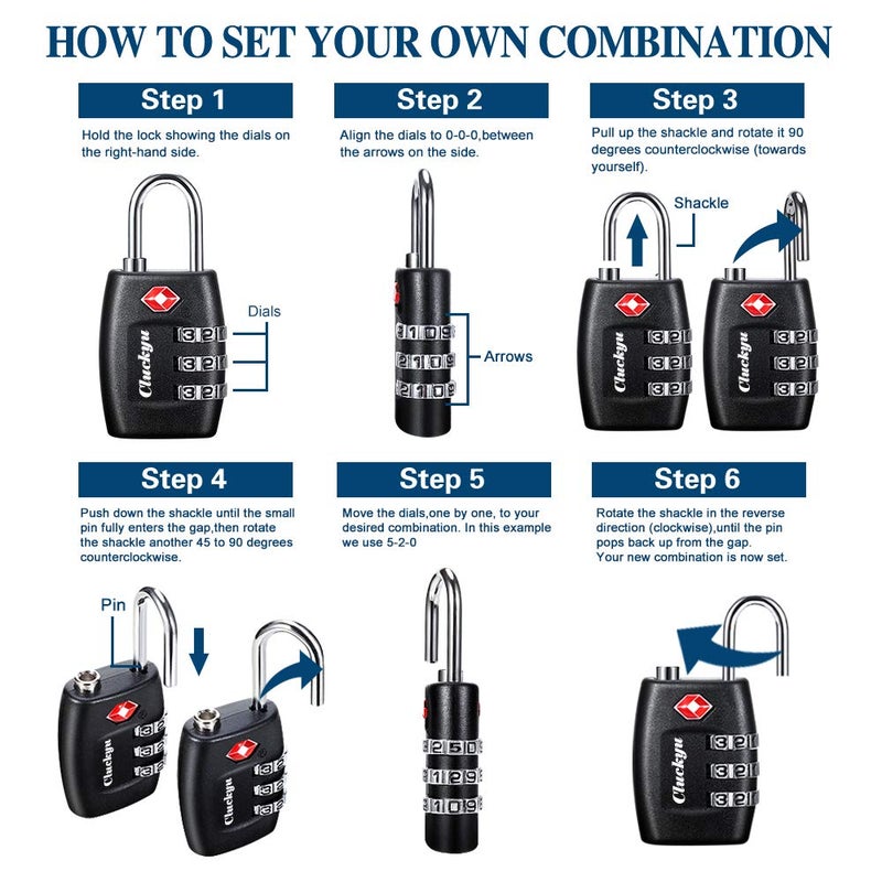 Cluckyu TSA Luggage Locks (4Pack) - 3 Digit Combination Padlocks - Approved Travel Lock for Suitcases & Baggage (Black) - Image 2